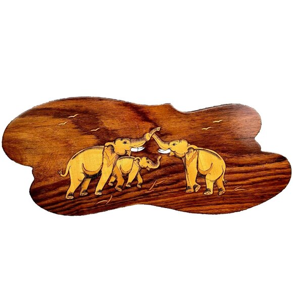 Vintage Handmade Marquetry Wooden Elephant Wall Picture 14"x6" Etched Carved - Picture 1 of 14